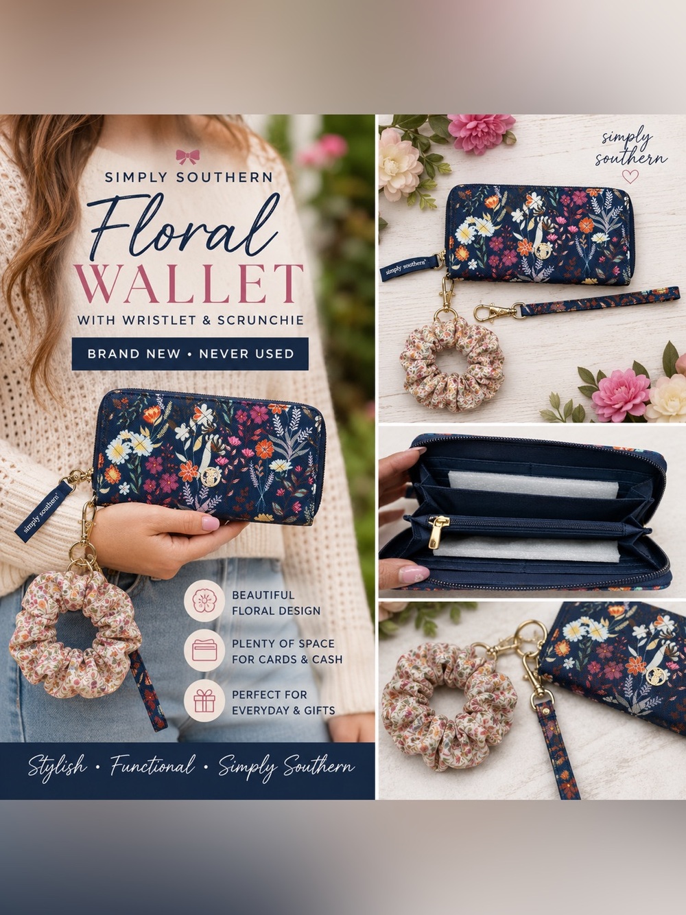 Simply Southern Floral Zip Around Wallet Wristlet Strap & Matching Scrunchie NWT
